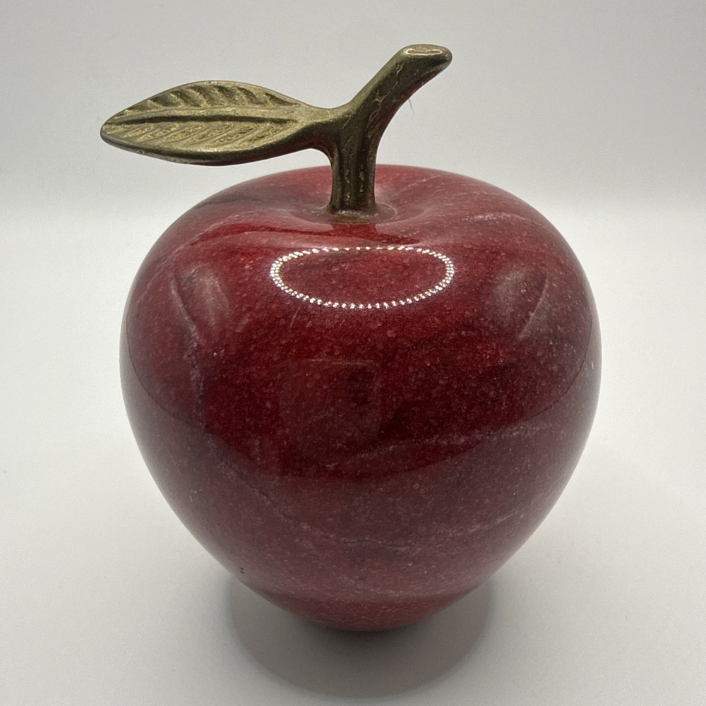 Red Onyx Apple Paperweight With Brass Stem & Leaf 4" tall
